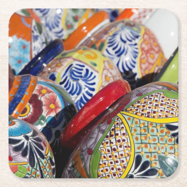 Colourful traditional hand-painted Mexican pottery Square Paper Coaster (Front)