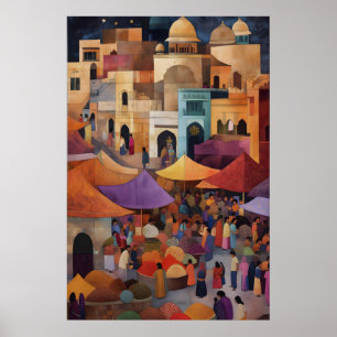 Colourful Traditional Indian Marketplace Painting Poster