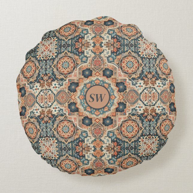 Colourful Traditional Moroccan Rug Pattern Round Cushion (Back)
