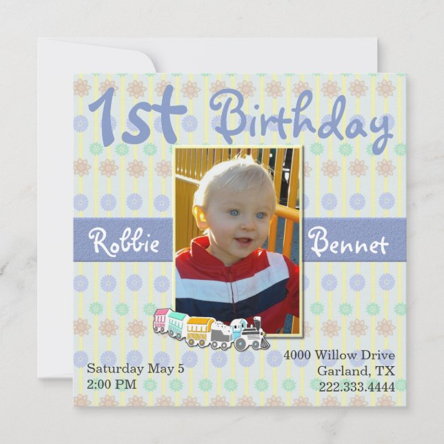 Colourful Train First Birthday Invitation (Front)