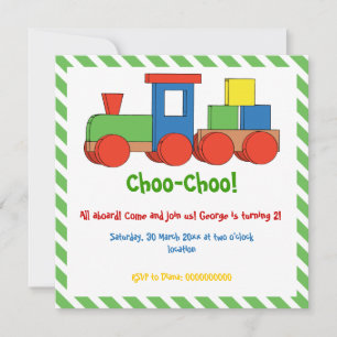 Colourful train kids birthday green, white border invitation