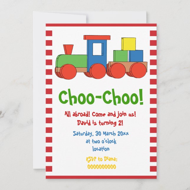Colourful train kids birthday, red white border invitation (Front)