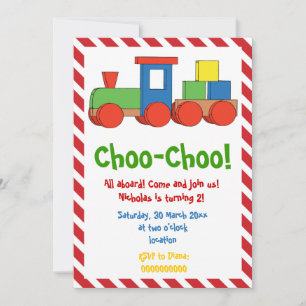 Colourful train kids birthday, red white stripes invitation