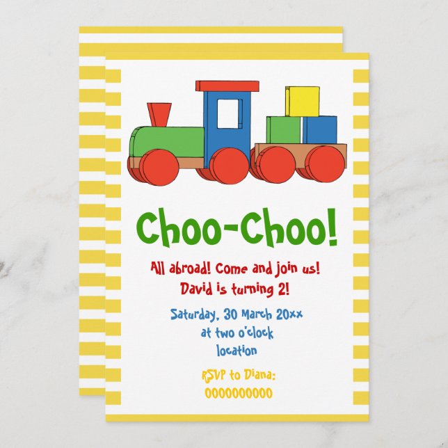 Colourful train kids birthday yellow, white border invitation (Front/Back)