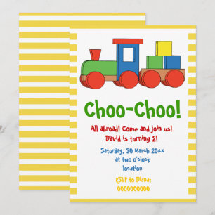 Colourful train kids birthday yellow, white border invitation