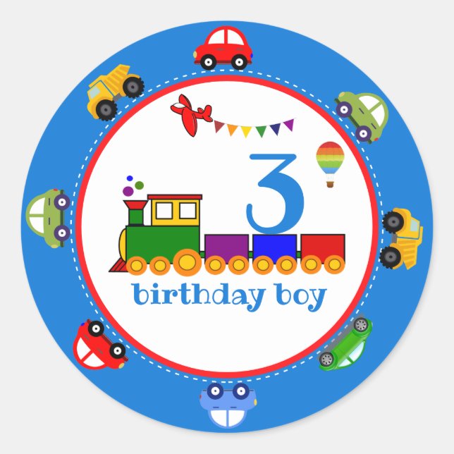 Colourful Transportation Baby Boy Birthday Classic Classic Round Sticker (Front)