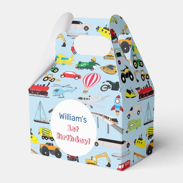 Colourful Transportation & Vehicles Kids Name Favour Box (Front Side)