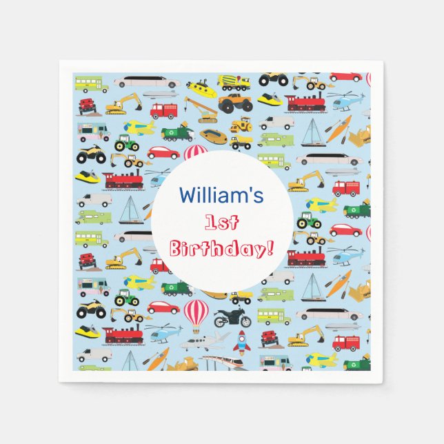 Colourful Transportation & Vehicles Kids Name Napkin (Front)