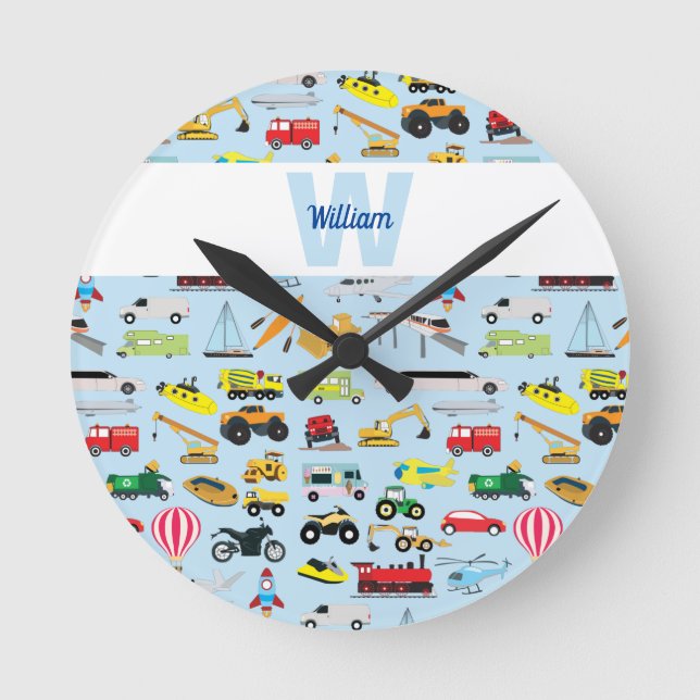 Colourful Transportation & Vehicles Kids Pattern Round Clock (Front)