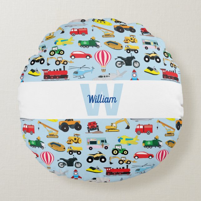 Colourful Transportation & Vehicles Kids Pattern  Round Cushion (Front)