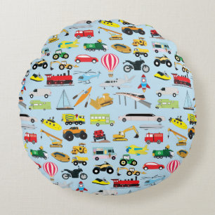 Colourful Transportation & Vehicles Kids Pattern  Round Cushion