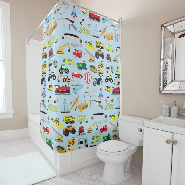 Colourful Transportation & Vehicles Kids Pattern Shower Curtain (In Situ)