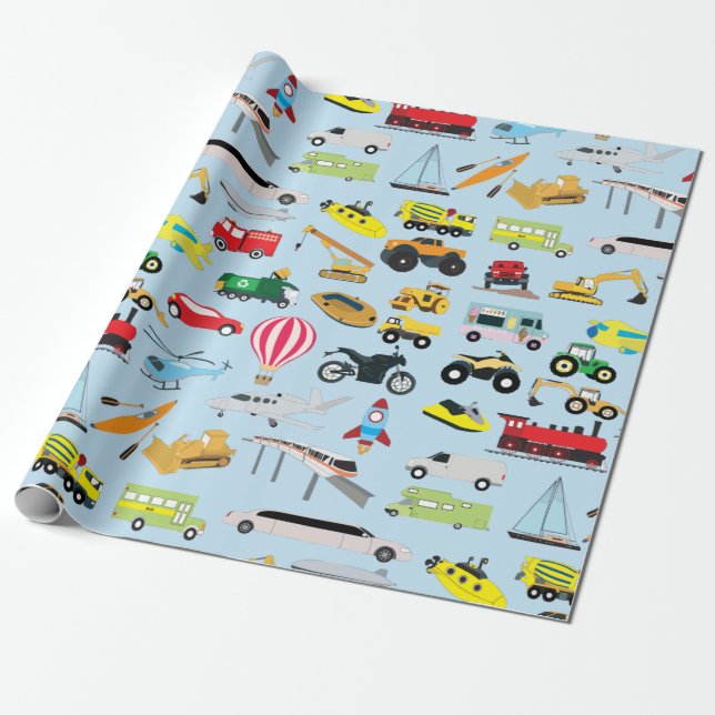 Colourful Transportation & Vehicles Kids Pattern Wrapping Paper (Unrolled)
