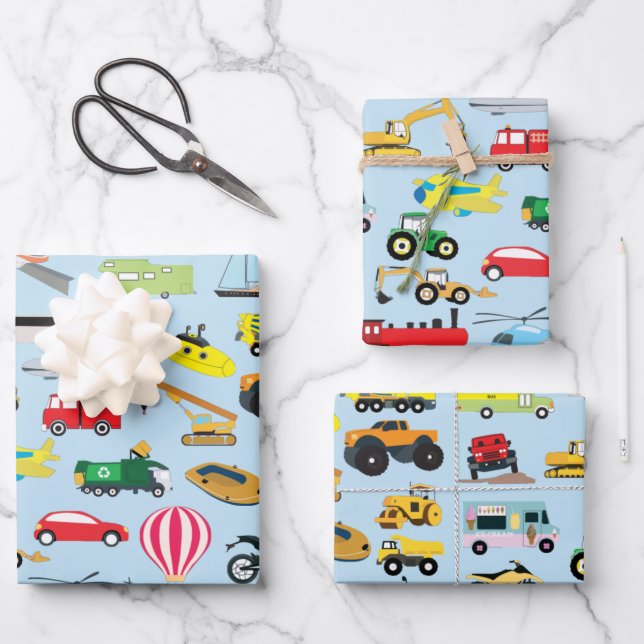 Colourful Transportation & Vehicles Kids Pattern Wrapping Paper Sheet (Front)