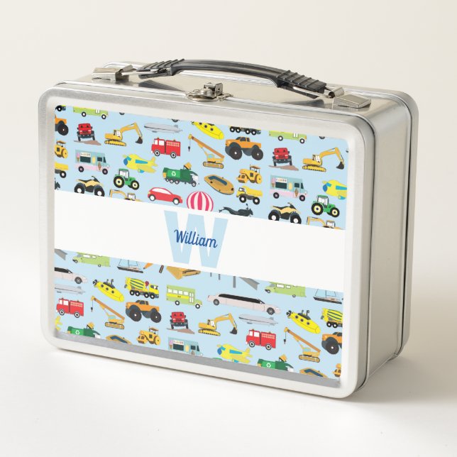 Colourful Transportation & Vehicles Kids School Metal Lunch Box (Front)