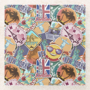 Colourful Travel Sticker Pattern Glass Coaster