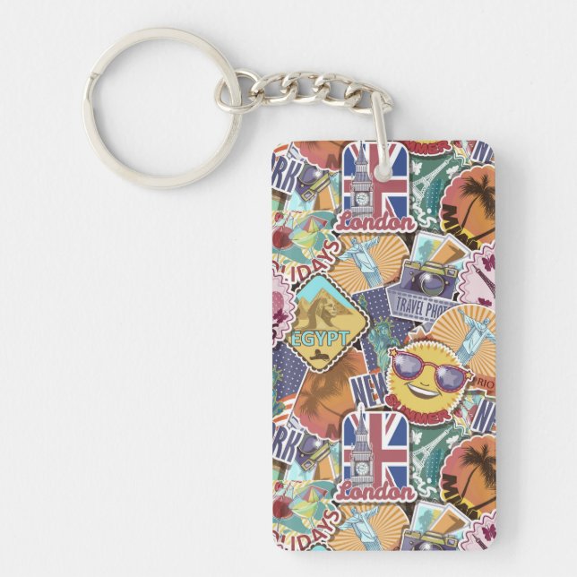 Colourful Travel Sticker Pattern Key Ring (Front)