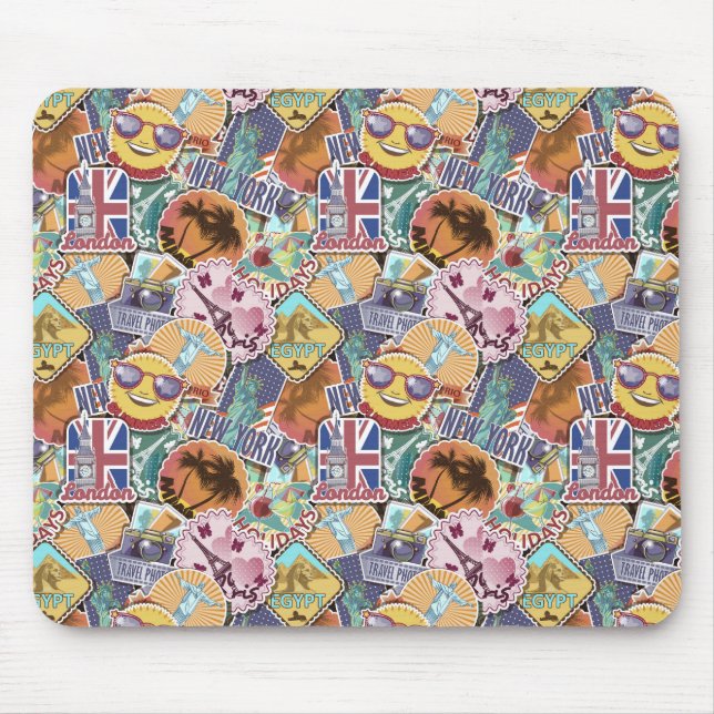 Colourful Travel Sticker Pattern Mouse Mat (Front)