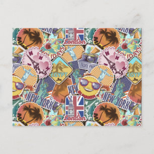 Colourful Travel Sticker Pattern Postcard