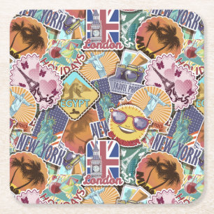 Colourful Travel Sticker Pattern Square Paper Coaster