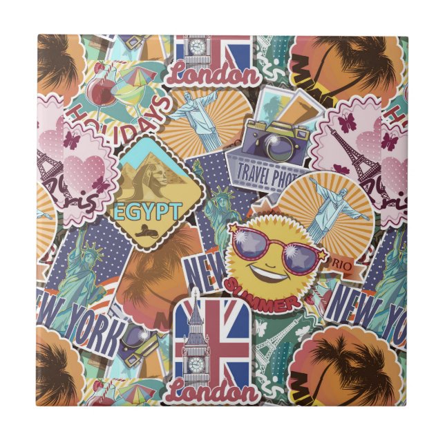 Colourful Travel Sticker Pattern Tile (Front)
