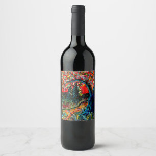 Colourful Tree And River Painting Wine Label