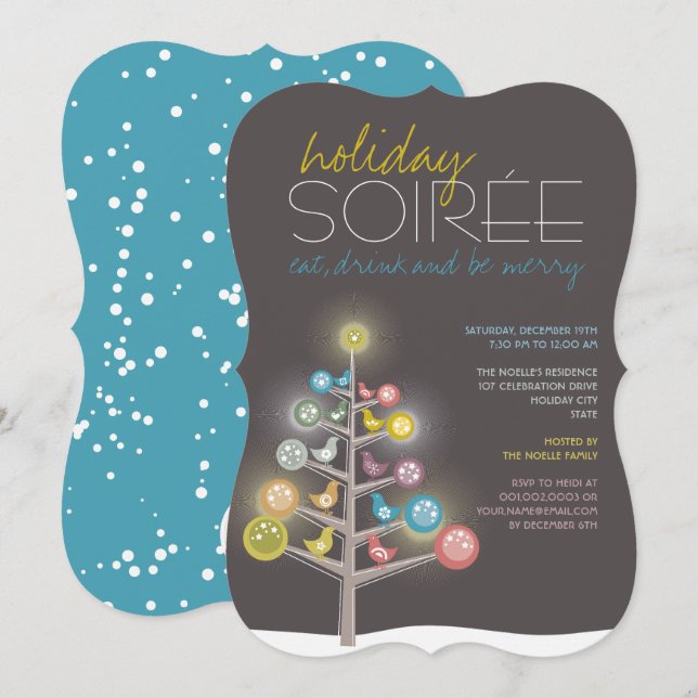 Colourful Tree & Birds Holiday Soiree Party Invite (Front/Back)