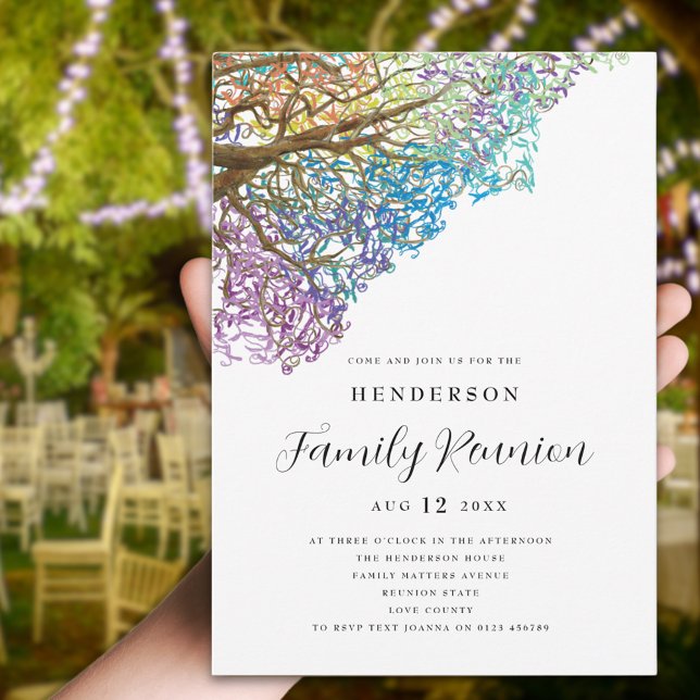 Colourful Tree Family Reunion Invitation (Colorful tree branches watercolor family reunion invitation Modern elegant script )