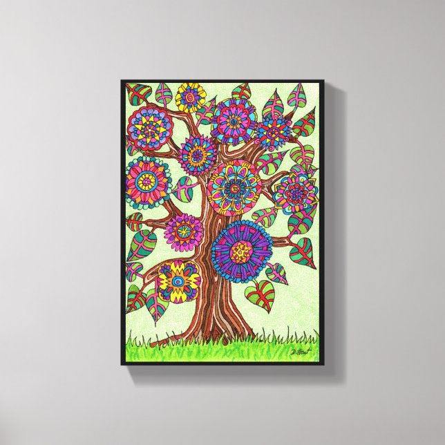 Colourful Tree Flowers Whimsical Cartoon Drawing Canvas Print (Front)