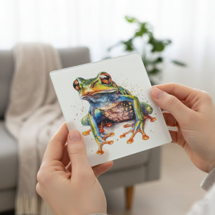 colourful tree frog in watercolor glass coaster