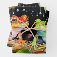 Colourful Tree Frogs on Watercolor Leaves