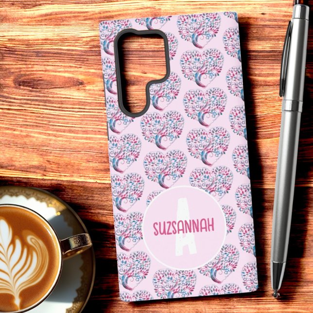 Colourful Tree Heart Pattern Pastel Blu Monogram Samsung Galaxy S22 Ultra Case (Back of three heart designed phone case monogram and name template)