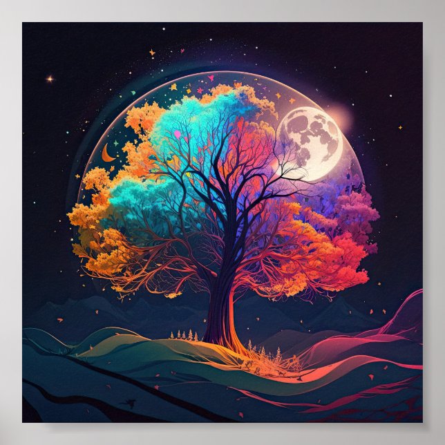 Colourful Tree of Life Moon Galaxy Fantasy Poster (Front)