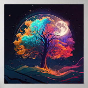 Colourful Tree of Life Moon Galaxy Fantasy Poster