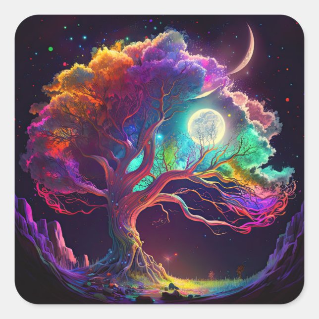 Colourful Tree of Life Moon Galaxy Fantasy Square Sticker (Front)