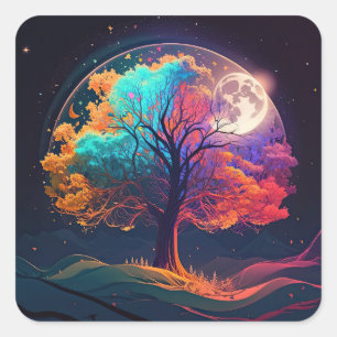 Colourful Tree of Life Moon Galaxy Fantasy Square Sticker