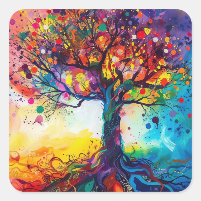 Colourful Tree of Life Rainbow Serenity Nature Art Square Sticker (Front)