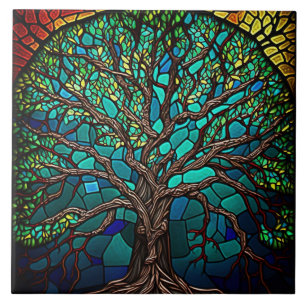 Colourful Tree of Life Stained Glass Effect Tile