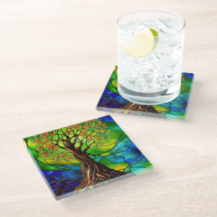 Colourful Tree of Life Stained Glass Look II Coaster