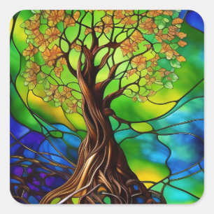 Colourful Tree of Life Stained Glass Look II Square Sticker