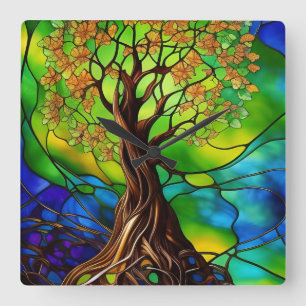 Colourful Tree of Life Stained Glass Look II Square Wall Clock