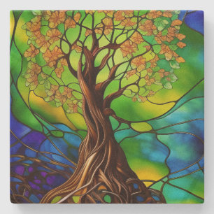 Colourful Tree of Life Stained Glass Look II Stone Coaster