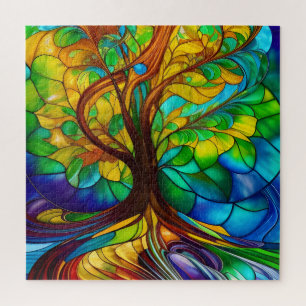 Colourful Tree of Life Stained Glass Look Jigsaw Puzzle