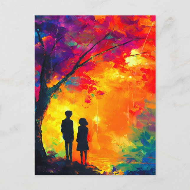 Colourful Tree of Love Announcement Postcard (Front)