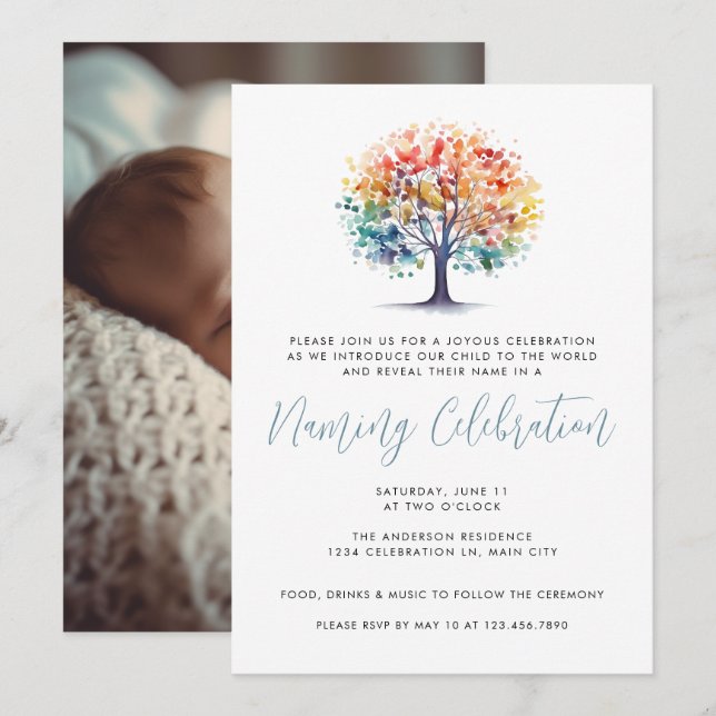 Colourful Tree Photo Baby Naming Ceremony Invitation (Front/Back)