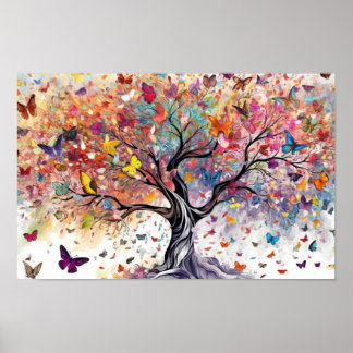 Colourful tree with butterflies poster