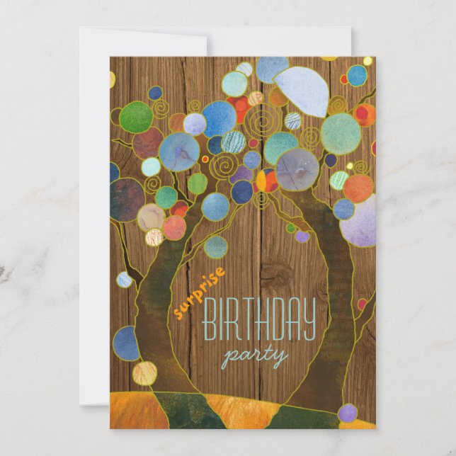 Colourful Trees + Barnwood Surprise Birthday Party Invitation (Front)
