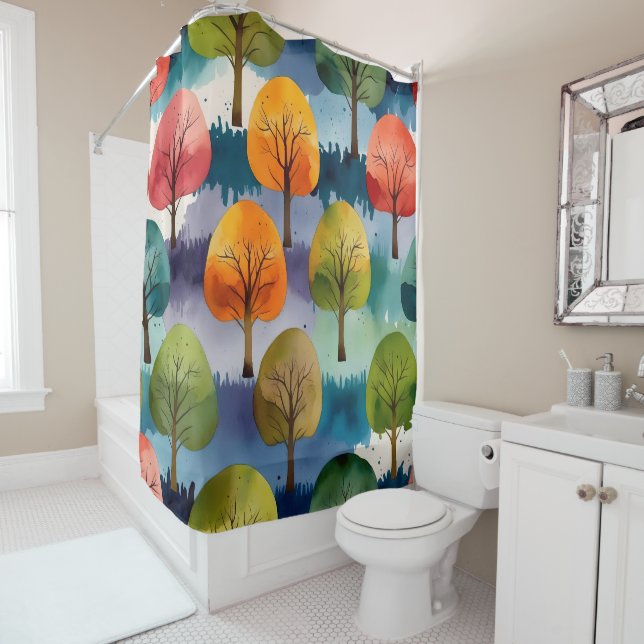 Colourful Trees - Leaf Pattern Shower Curtain Set (In Situ)