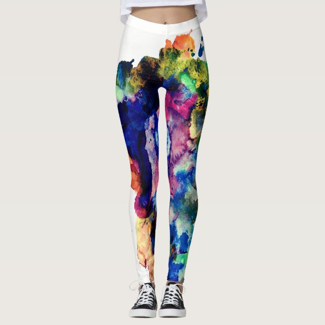 Colourful Trendy Abstract Watercolor Paint Leggings (Front)