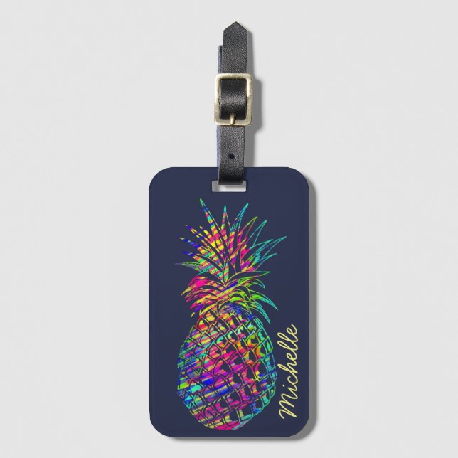 Colourful Trendy Tropical Pineapple Personalised Luggage Tag (Front Vertical)